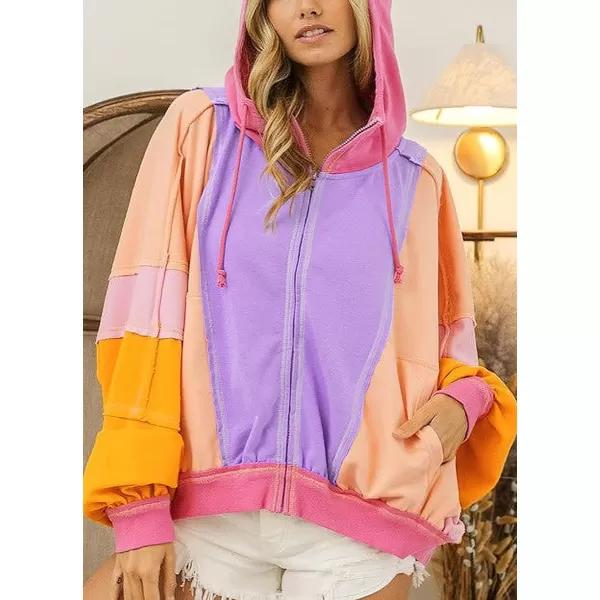 chouyatou Womens Fall Warm Color Block Zip Up Jacket Oversized Winter Casual Y2K Sweatshirt Hoodie TopsOrange
