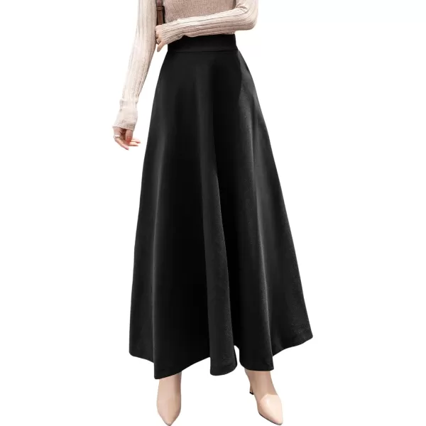 chouyatou Womens Fall Winter ALine Swing Pleated Long Maxi Wool Skater SkirtPocketblack