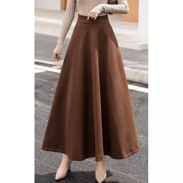 chouyatou Womens Fall Winter ALine Swing Pleated Long Maxi Wool Skater SkirtPocketbrown