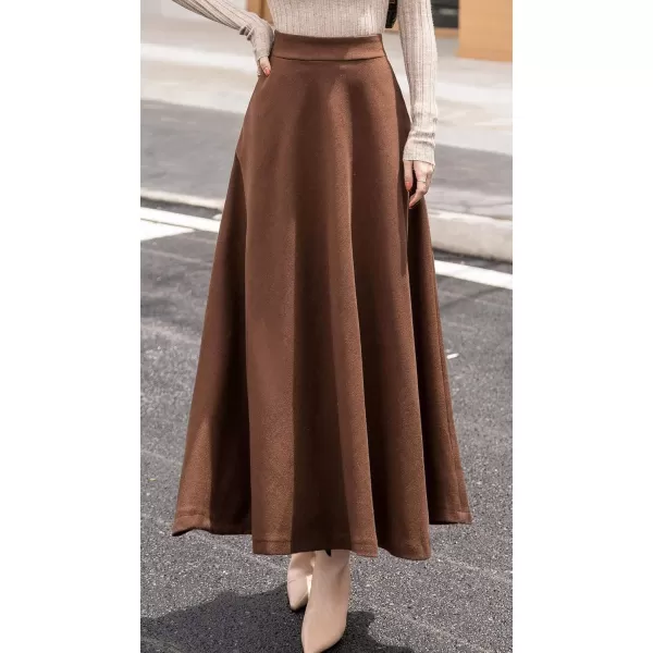 chouyatou Womens Fall Winter ALine Swing Pleated Long Maxi Wool Skater SkirtPocketbrown