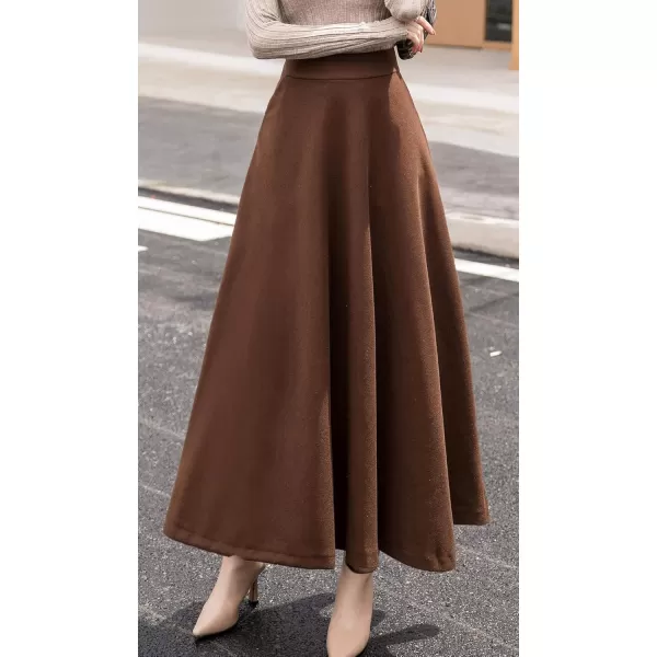 chouyatou Womens Fall Winter ALine Swing Pleated Long Maxi Wool Skater SkirtPocketbrown