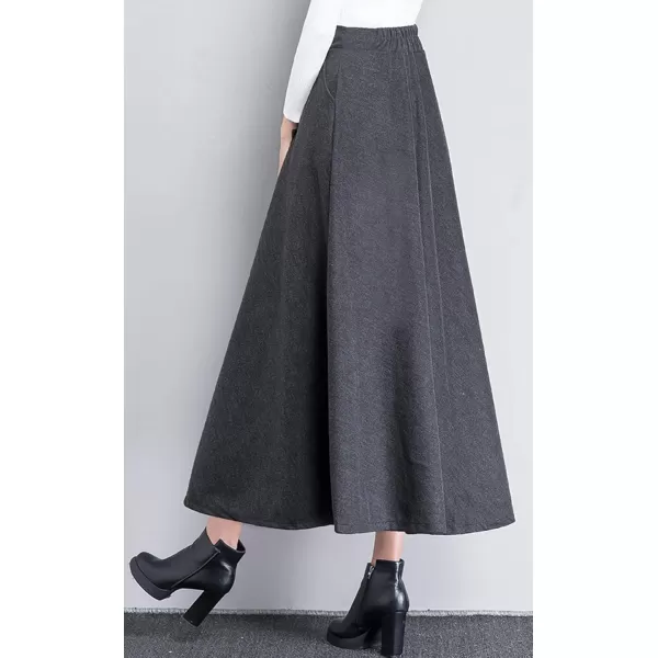 chouyatou Womens Fall Winter ALine Swing Pleated Long Maxi Wool Skater SkirtPocketdark Grey