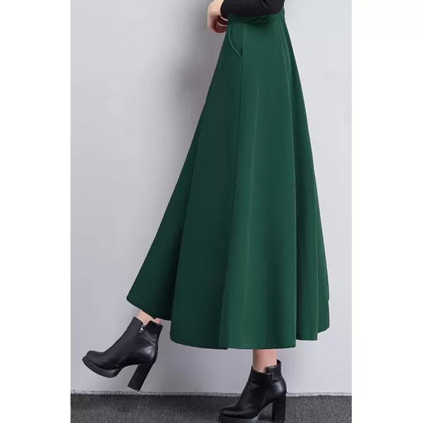 chouyatou Womens Fall Winter ALine Swing Pleated Long Maxi Wool Skater SkirtPocketgreen