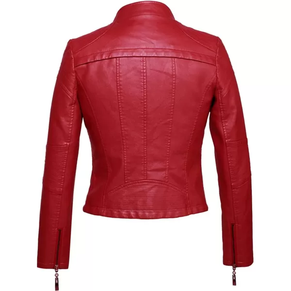 chouyatou Womens Fashion Tailored ZipUp Faux Leather Quilted Racer JacketRed