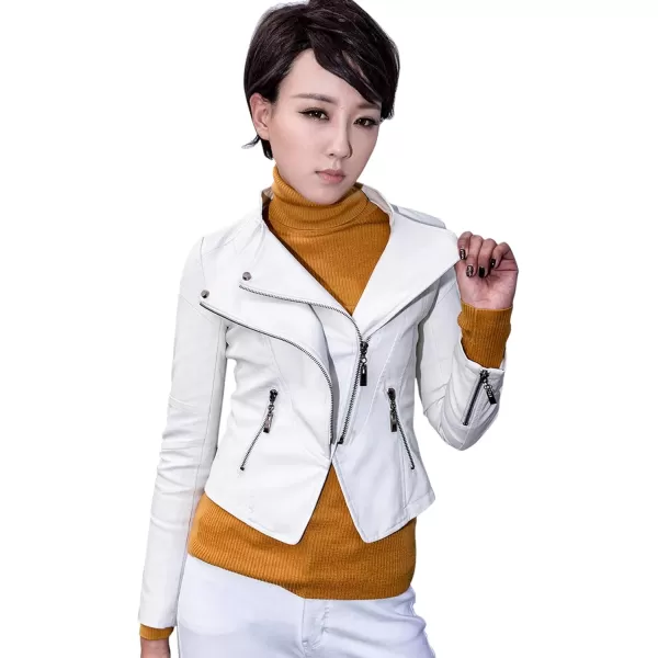 chouyatou Womens Fashion Tailored ZipUp Faux Leather Quilted Racer JacketWhite