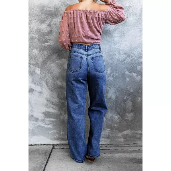 chouyatou Womens Retro Stretchy High Waisted Wide Straight Legs Jeans Denim PantsDark Blue