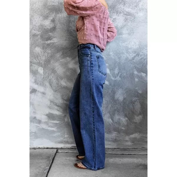 chouyatou Womens Retro Stretchy High Waisted Wide Straight Legs Jeans Denim PantsDark Blue