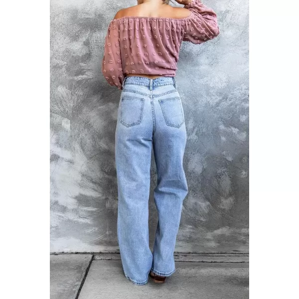 chouyatou Womens Retro Stretchy High Waisted Wide Straight Legs Jeans Denim PantsLight Blue