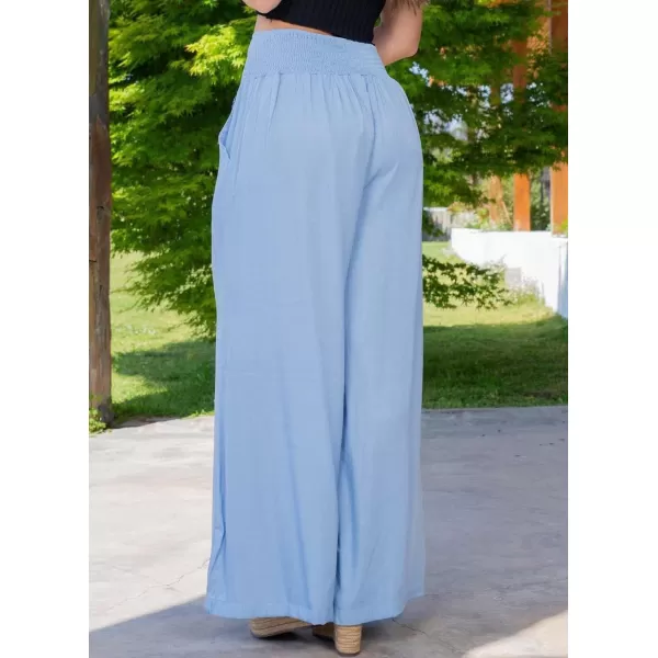 chouyatou Womens Smocked High Waisted Wide Leg Pants Jeans Waist Denim Palazzo PantsLight Blue