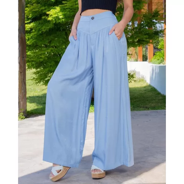 chouyatou Womens Smocked High Waisted Wide Leg Pants Jeans Waist Denim Palazzo PantsLight Blue