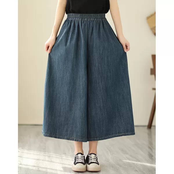 chouyatou Womens Summer Casual Denim Culottes Pants Baggy High Waist Wide Leg Palazzo JeansDark Blue