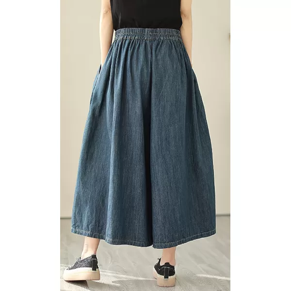 chouyatou Womens Summer Casual Denim Culottes Pants Baggy High Waist Wide Leg Palazzo JeansDark Blue
