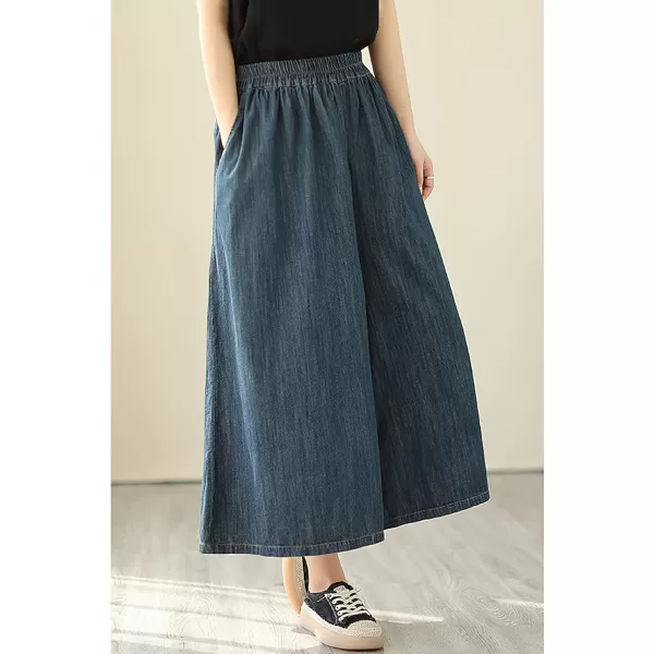 chouyatou Womens Summer Casual Denim Culottes Pants Baggy High Waist Wide Leg Palazzo JeansDark Blue