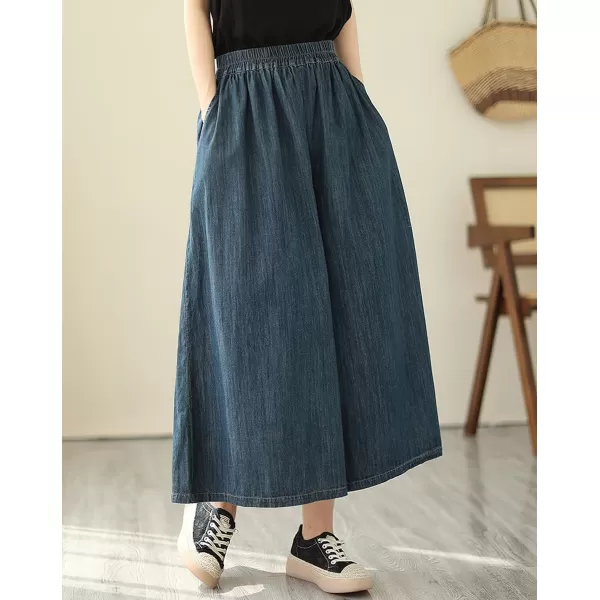 chouyatou Womens Summer Casual Denim Culottes Pants Baggy High Waist Wide Leg Palazzo JeansDark Blue