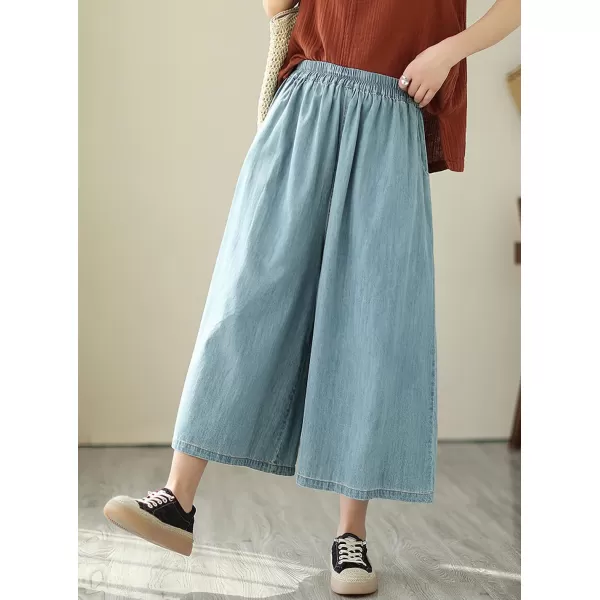 chouyatou Womens Summer Casual Denim Culottes Pants Baggy High Waist Wide Leg Palazzo JeansLight Blue