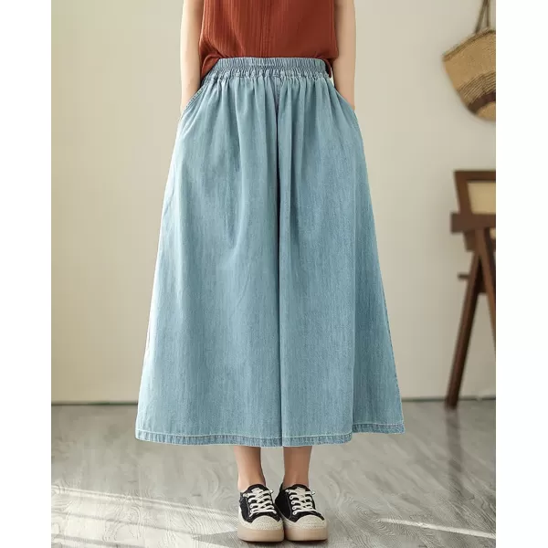 chouyatou Womens Summer Casual Denim Culottes Pants Baggy High Waist Wide Leg Palazzo JeansLight Blue