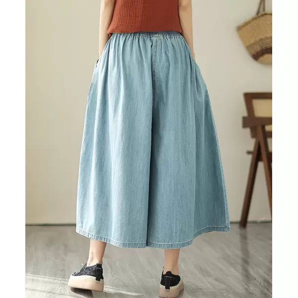 chouyatou Womens Summer Casual Denim Culottes Pants Baggy High Waist Wide Leg Palazzo JeansLight Blue