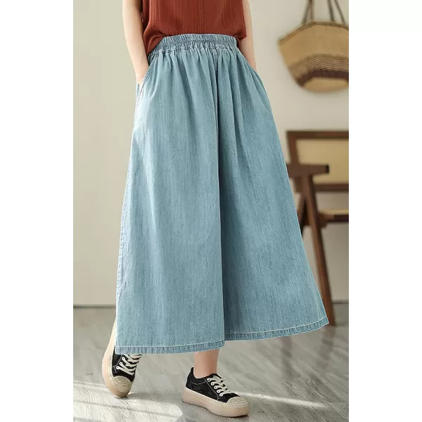 chouyatou Womens Summer Casual Denim Culottes Pants Baggy High Waist Wide Leg Palazzo JeansLight Blue