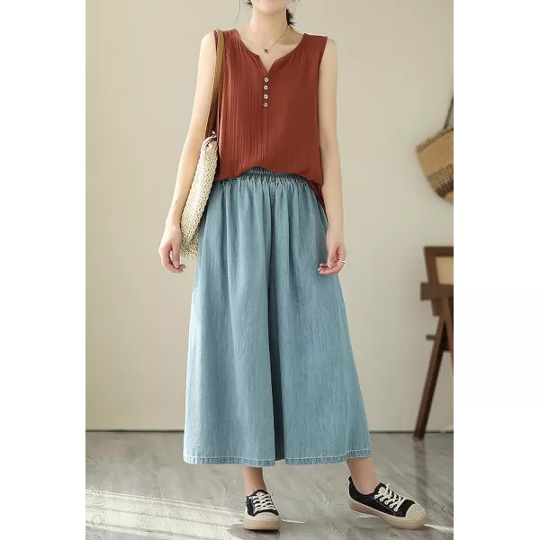 chouyatou Womens Summer Casual Denim Culottes Pants Baggy High Waist Wide Leg Palazzo JeansLight Blue