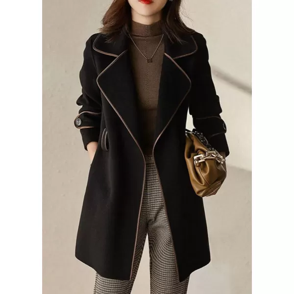 chouyatou Womens Winter Elegant Lapel Open Front Wool Coat Wool Blend Trench Pea Coat with BeltBlack