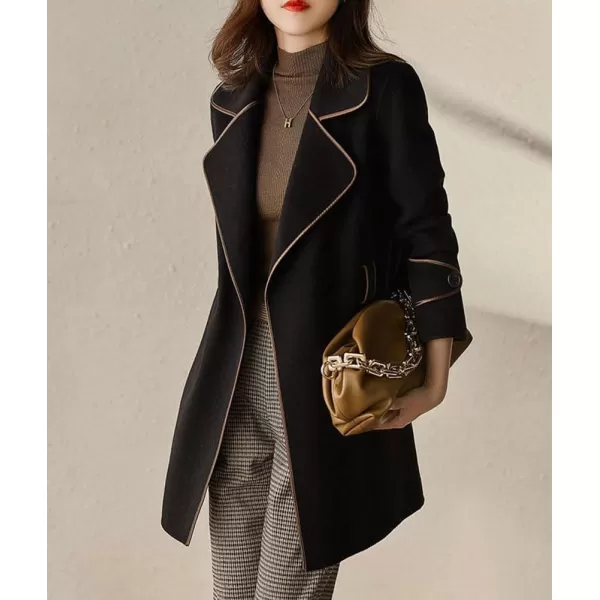 chouyatou Womens Winter Elegant Lapel Open Front Wool Coat Wool Blend Trench Pea Coat with BeltBlack