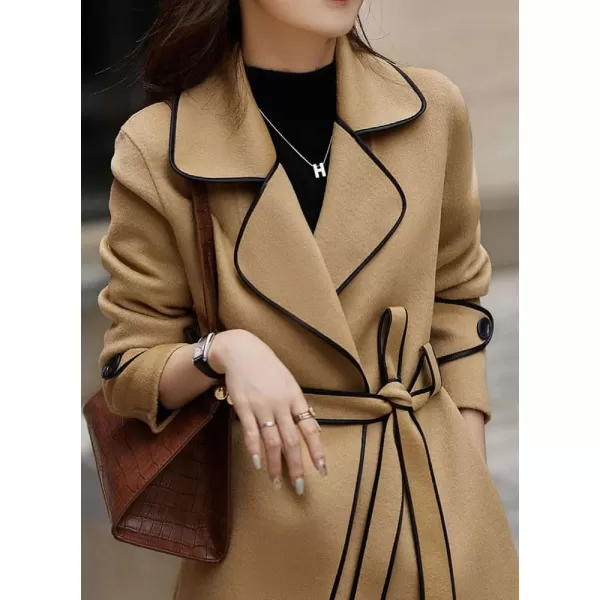 chouyatou Womens Winter Elegant Lapel Open Front Wool Coat Wool Blend Trench Pea Coat with BeltKhaki