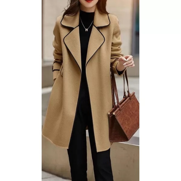 chouyatou Womens Winter Elegant Lapel Open Front Wool Coat Wool Blend Trench Pea Coat with BeltKhaki