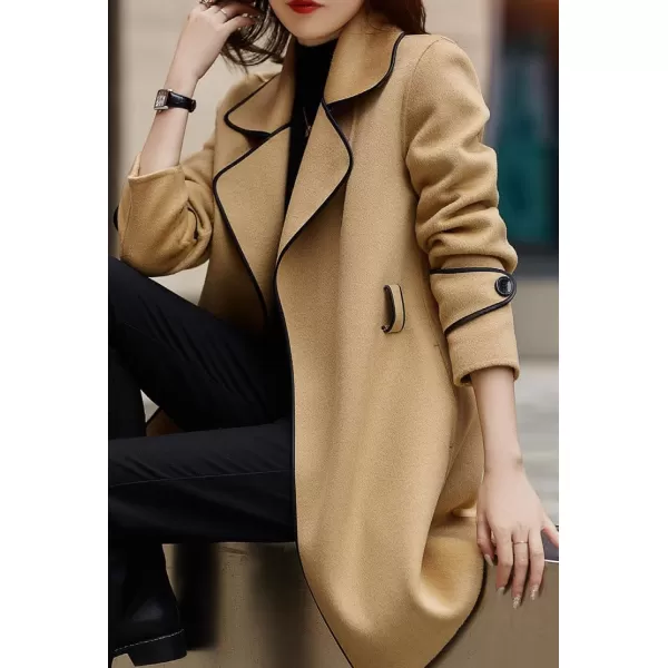 chouyatou Womens Winter Elegant Lapel Open Front Wool Coat Wool Blend Trench Pea Coat with BeltKhaki