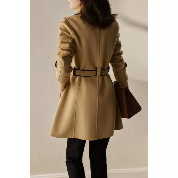 chouyatou Womens Winter Elegant Lapel Open Front Wool Coat Wool Blend Trench Pea Coat with BeltKhaki