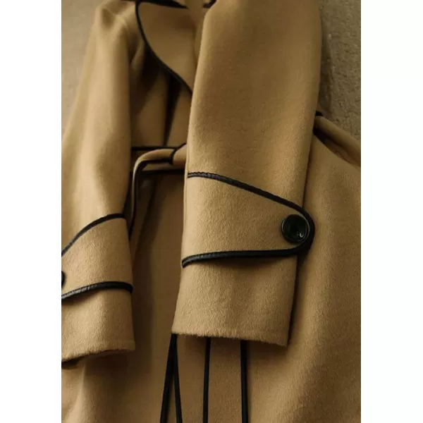 chouyatou Womens Winter Elegant Lapel Open Front Wool Coat Wool Blend Trench Pea Coat with BeltKhaki