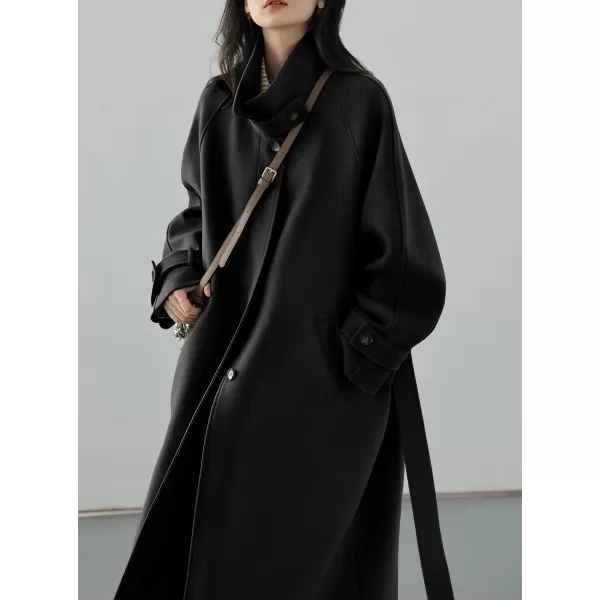 chouyatou Womens Winter Hidden Single Breasted Wool Coat Raglan Sleeve Business Long Wool OvercoatBlack