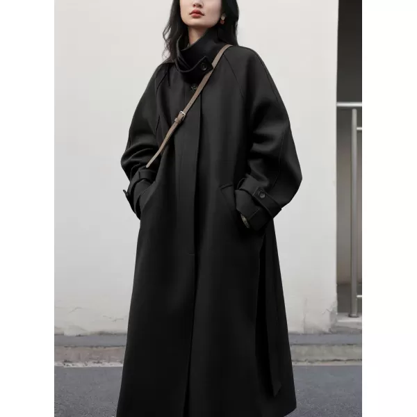 chouyatou Womens Winter Hidden Single Breasted Wool Coat Raglan Sleeve Business Long Wool OvercoatBlack