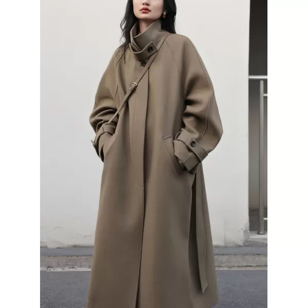 chouyatou Womens Winter Hidden Single Breasted Wool Coat Raglan Sleeve Business Long Wool OvercoatDark Khaki