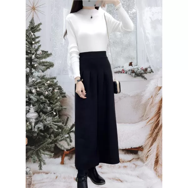 chouyatou Womens Winter High Waist Wide Leg Plaid Wool Blend Palazzo Capri Pants Culottes with PocketsBlack