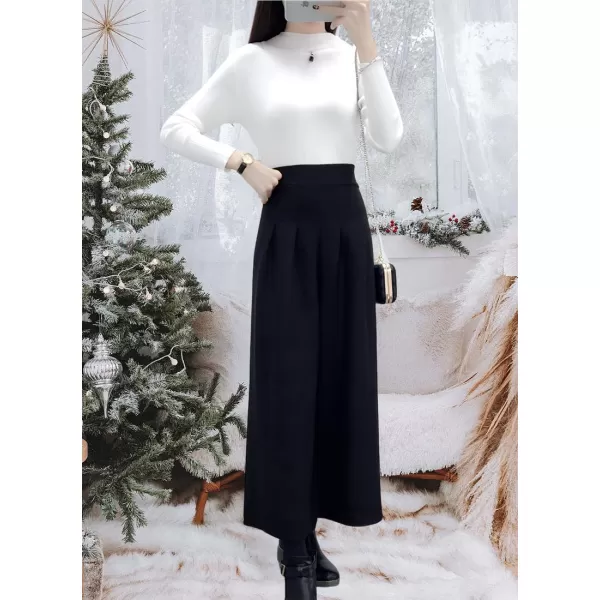 chouyatou Womens Winter High Waist Wide Leg Plaid Wool Blend Palazzo Capri Pants Culottes with PocketsBlack