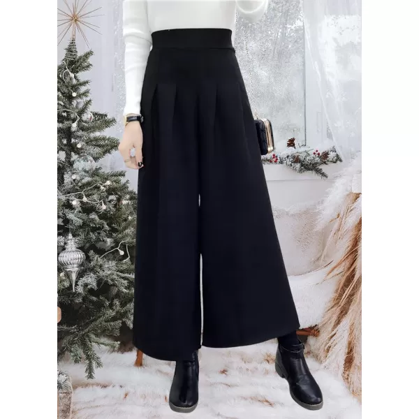 chouyatou Womens Winter High Waist Wide Leg Plaid Wool Blend Palazzo Capri Pants Culottes with PocketsBlack