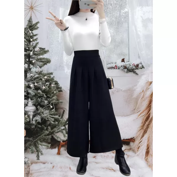 chouyatou Womens Winter High Waist Wide Leg Plaid Wool Blend Palazzo Capri Pants Culottes with PocketsBlack