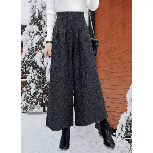 chouyatou Womens Winter High Waist Wide Leg Plaid Wool Blend Palazzo Capri Pants Culottes with PocketsDark Gray