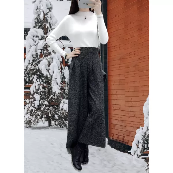 chouyatou Womens Winter High Waist Wide Leg Plaid Wool Blend Palazzo Capri Pants Culottes with PocketsDark Gray