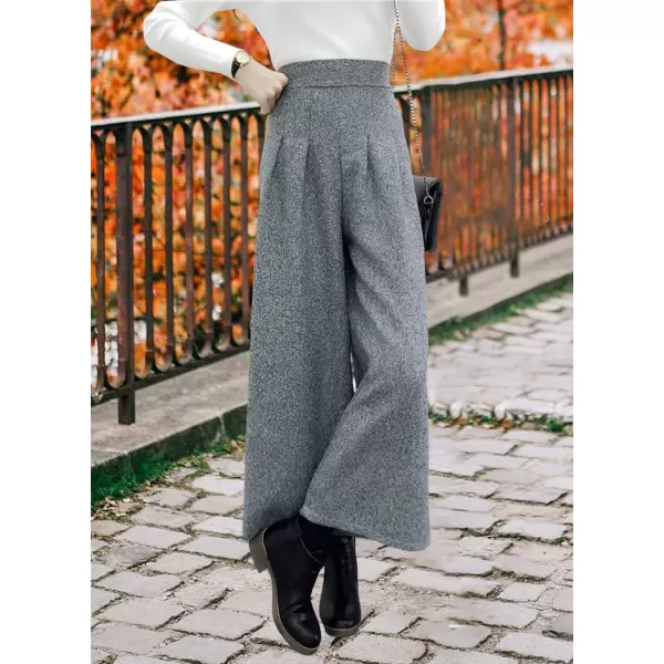 chouyatou Womens Winter High Waist Wide Leg Plaid Wool Blend Palazzo Capri Pants Culottes with PocketsLight Gray