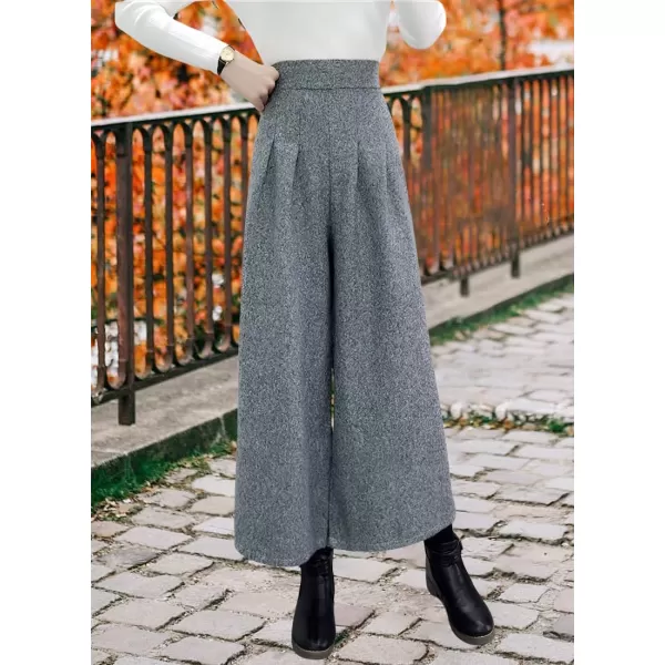 chouyatou Womens Winter High Waist Wide Leg Plaid Wool Blend Palazzo Capri Pants Culottes with PocketsLight Gray