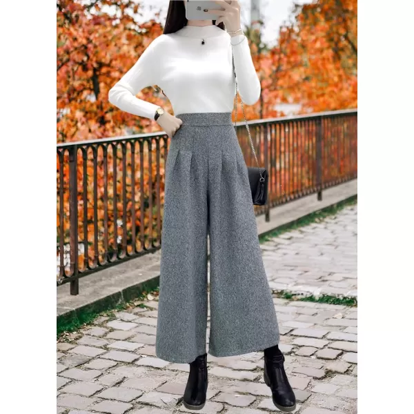 chouyatou Womens Winter High Waist Wide Leg Plaid Wool Blend Palazzo Capri Pants Culottes with PocketsLight Gray