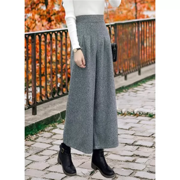 chouyatou Womens Winter High Waist Wide Leg Plaid Wool Blend Palazzo Capri Pants Culottes with PocketsLight Gray