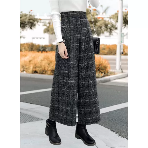 chouyatou Womens Winter High Waist Wide Leg Plaid Wool Blend Palazzo Capri Pants Culottes with PocketsPlaid