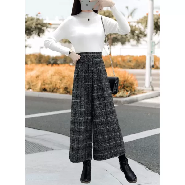 chouyatou Womens Winter High Waist Wide Leg Plaid Wool Blend Palazzo Capri Pants Culottes with PocketsPlaid