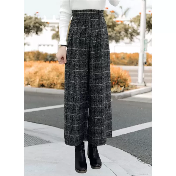 chouyatou Womens Winter High Waist Wide Leg Plaid Wool Blend Palazzo Capri Pants Culottes with PocketsPlaid