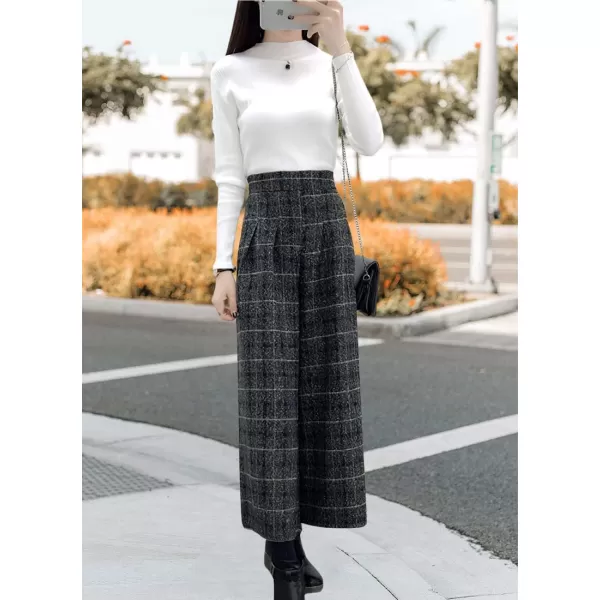 chouyatou Womens Winter High Waist Wide Leg Plaid Wool Blend Palazzo Capri Pants Culottes with PocketsPlaid