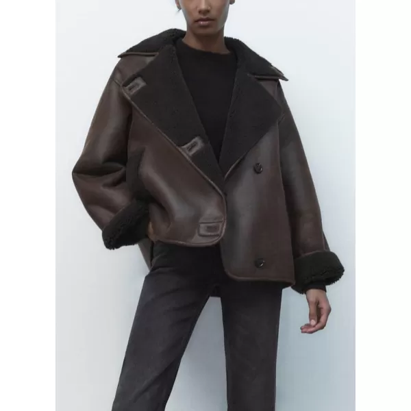 chouyatou Womens Winter Sherpa Lined Faux Leather Jacket Casual Motorcycle Oversized Leather JacketBrown