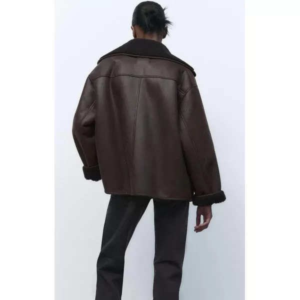 chouyatou Womens Winter Sherpa Lined Faux Leather Jacket Casual Motorcycle Oversized Leather JacketBrown