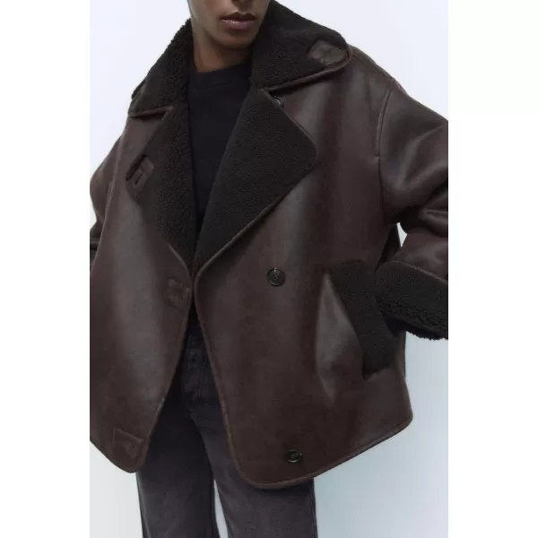 chouyatou Womens Winter Sherpa Lined Faux Leather Jacket Casual Motorcycle Oversized Leather JacketBrown